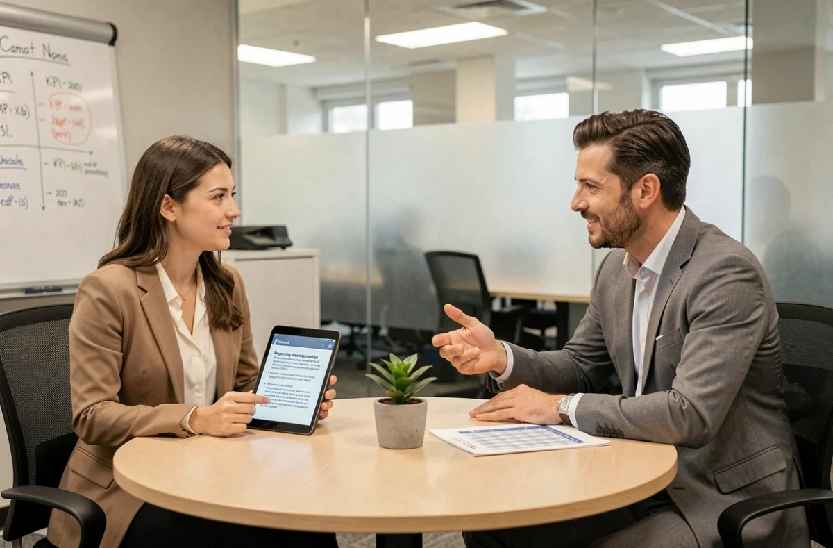 Session de coaching entre un recruteur et un commercial sédentaire dans une salle de réunion vitrée avec tableau de KPIs commercial