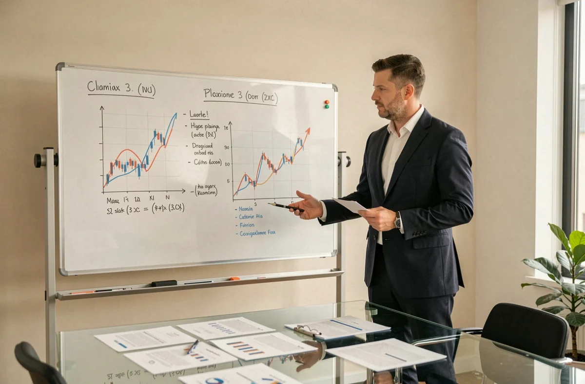 Expert-comptable de Cogep Tours présentant une analyse financière sur tableau blanc lors d'une consultation client