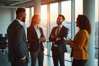 Employes de bureau souriants dans un espace lumineux
