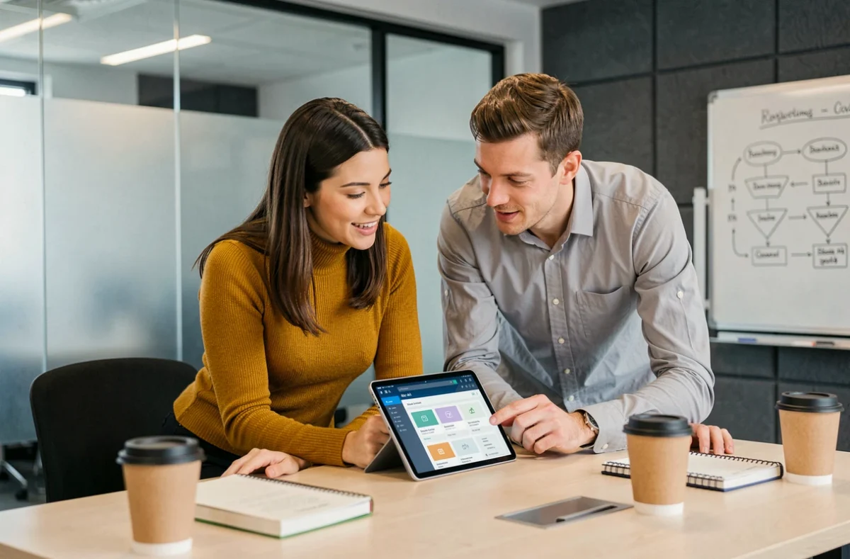 Deux professionnels du marketing collaborant sur une tablette avec un outil IA pour générer des contenus email et publicitaires dans un espace de co-working