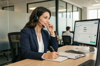 Commerciale sédentaire en blazer marine portant un casque téléphonique, prenant des notes dans un bureau moderne avec écran CRM en arrière-plan