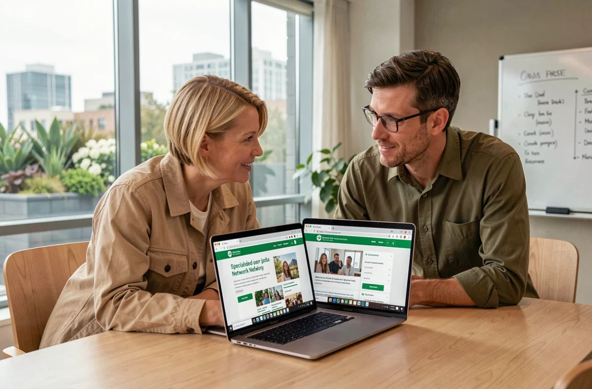 Deux collègues comparant un réseau d'emploi vert spécialisé et un site généraliste sur ordinateur portable