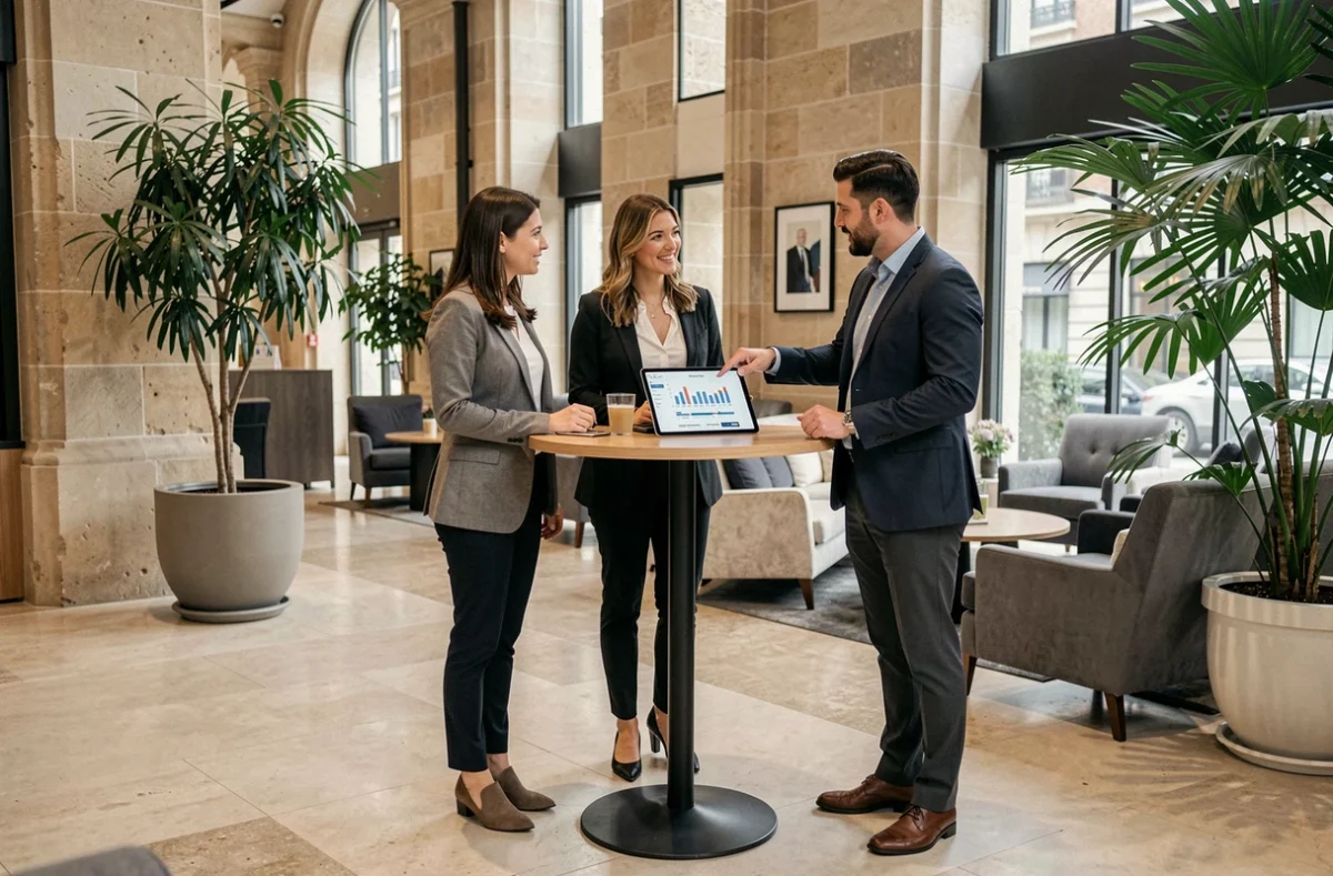Trois professionnels comparent des sociétés de portage salarial dans un business center moderne