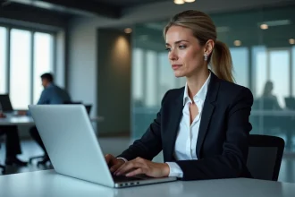 Femme professionnelle se connectant à un espace affilié sécurisé sur un ordinateur portable en entreprise