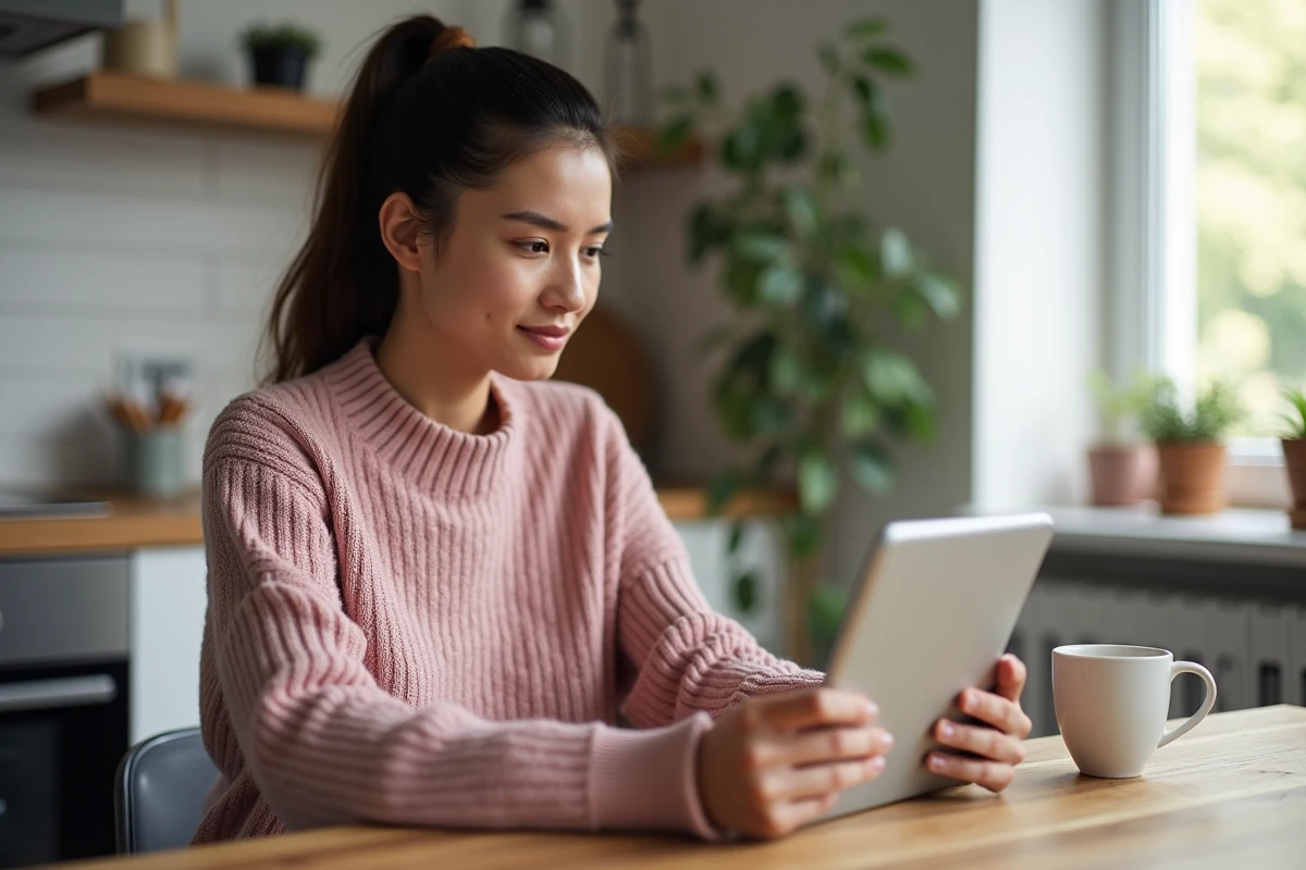 Jeune femme se connectant au portail RH Octime sur une tablette depuis son domicile en télétravail