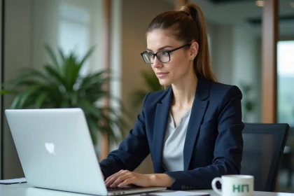 Femme professionnelle connectée au portail RH Octime sur son ordinateur portable dans un bureau moderne