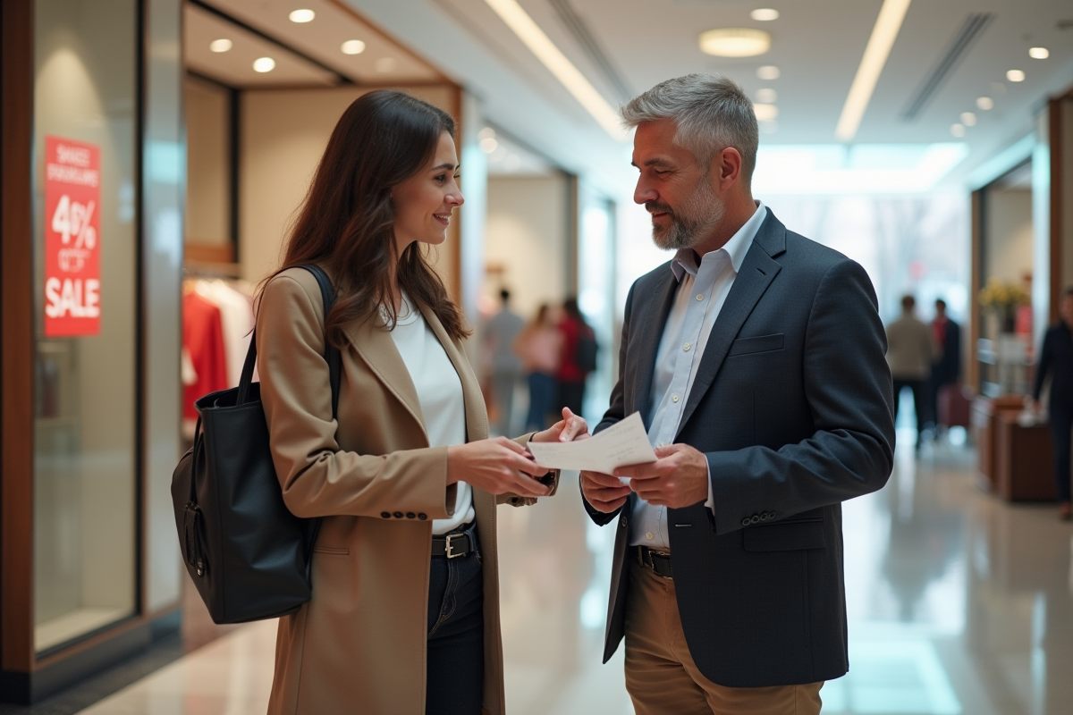 Vendeuse expliquant la politique de retour à un client dans un centre commercial