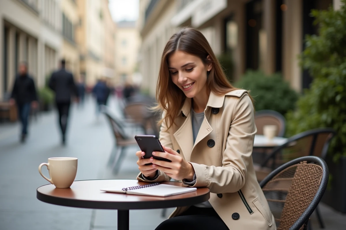 Jeune conseillère utilisant son téléphone mobile pour se connecter à l'espace conseillers AKEO depuis un café en extérieur