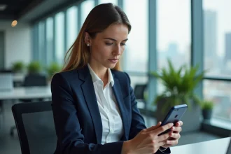 Conseillère professionnelle se connectant à l'espace conseillers AKEO depuis son smartphone au bureau