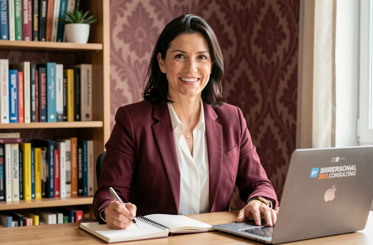 Consultante SEO Sarah El Gharbi dans son bureau à domicile, spécialisée en référencement naturel en Côte-d'Or