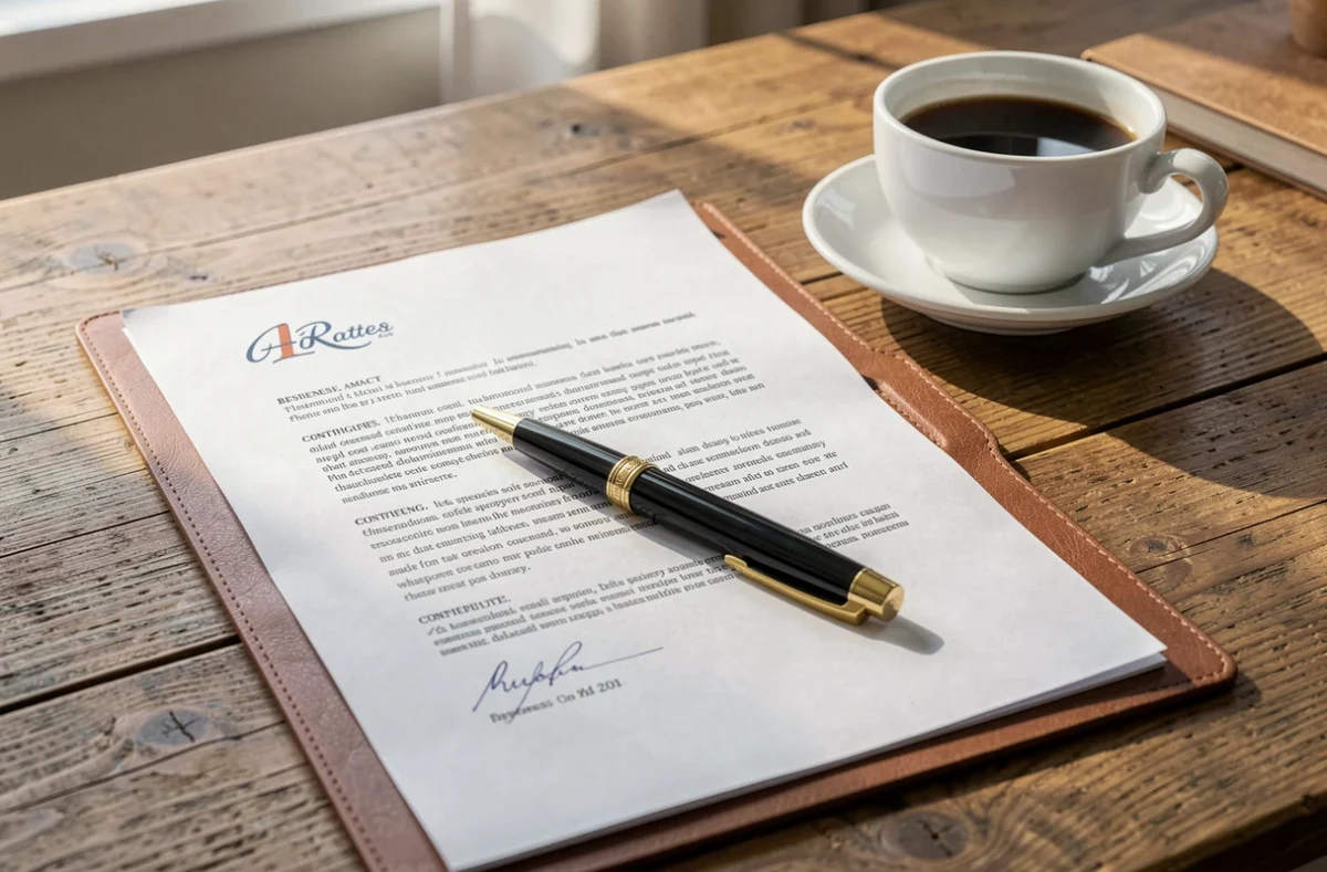 Contrat de prestation posé sur un bureau avec un stylo