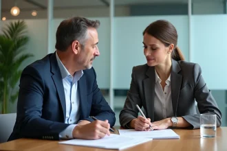 Responsable RH et employée signant une convention de rupture conventionnelle dans une salle de réunion d'entreprise moderne
