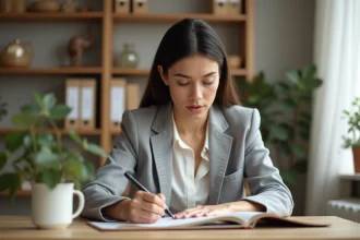 Femme en blazer gris calculant des heures de travail dans un carnet sur un bureau en bois