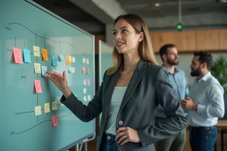 Responsable opérationnelle présentant un tableau de coordination d'équipe dans un bureau moderne lors d'une réunion d'entreprise