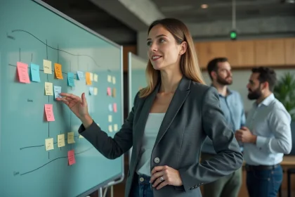 Responsable opérationnelle présentant un tableau de coordination d'équipe dans un bureau moderne lors d'une réunion d'entreprise