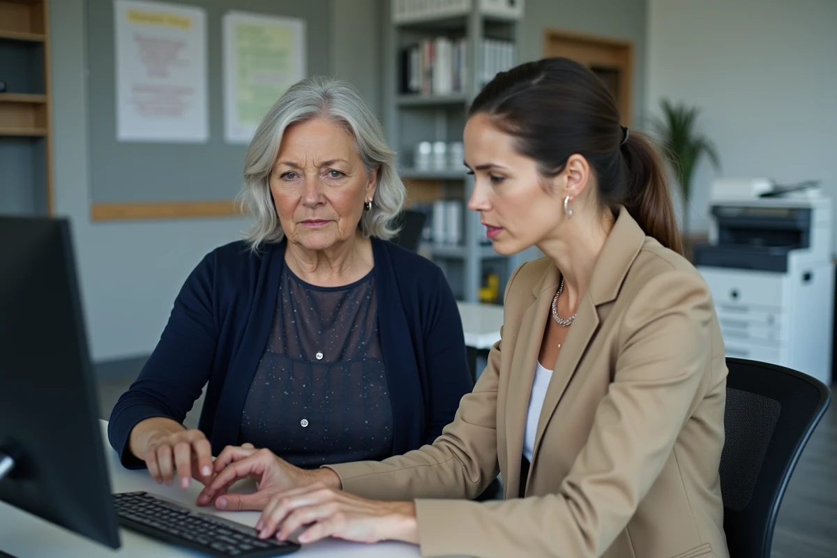 Coordinatrice et salariée Azaé consultant ensemble l'extranet sur un ordinateur de bureau dans une agence