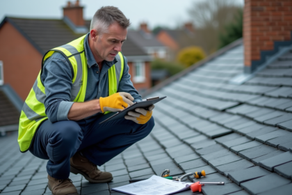 Ouvrier couvreur sur toit en ardoise avec planchette