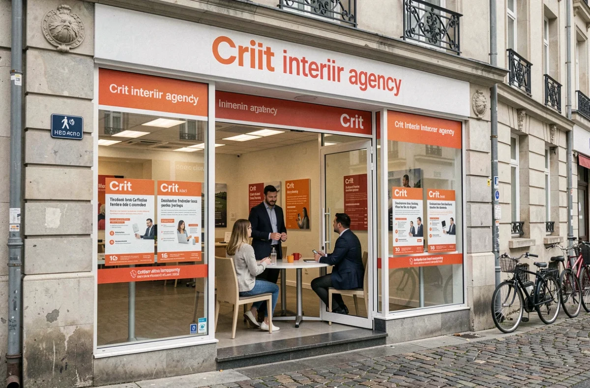 Façade d'une agence Crit Intérim dans une ville normande avec des offres d'emploi en vitrine