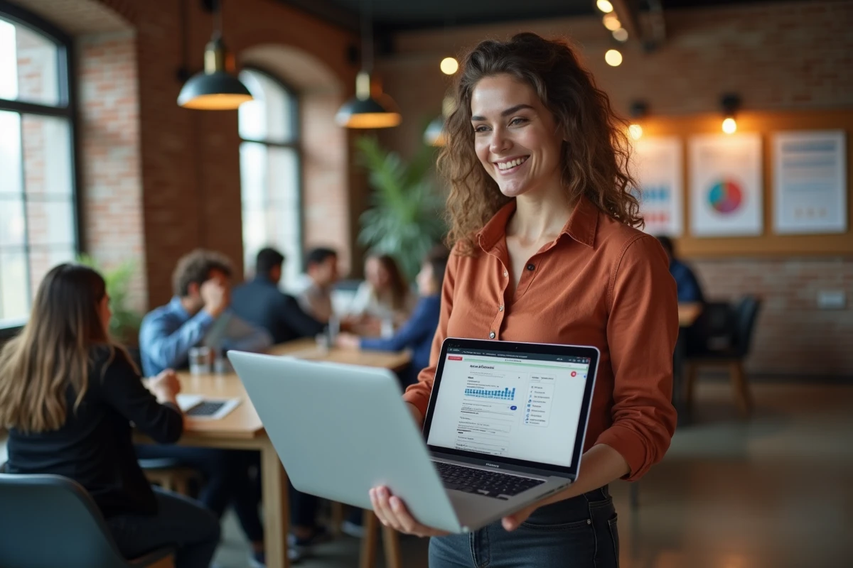 Femme présentant un outil de curation et filtrage de contenus numériques dans un espace de coworking