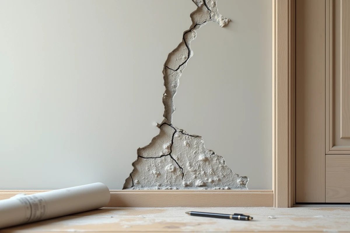 Défaut de construction visible sur un mur fissuré avec cadre de porte mal aligné dans une maison en cours de rénovation