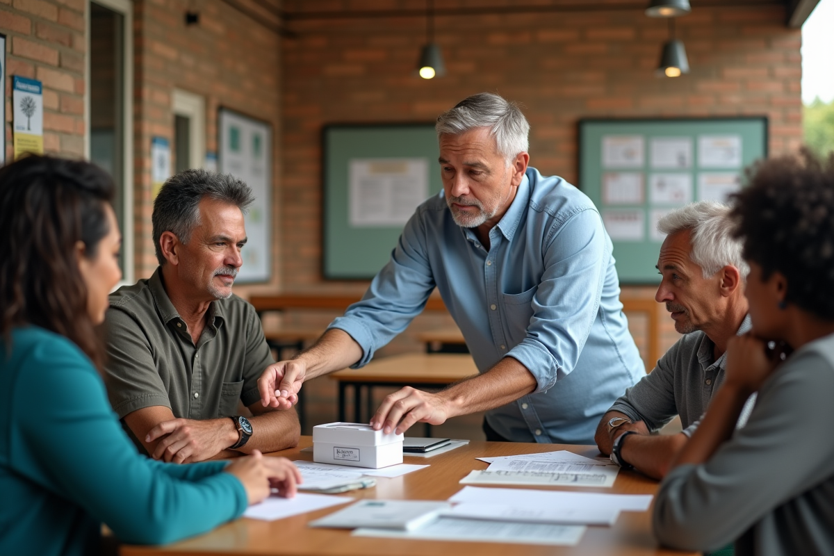 Homme montrant un test rapide à un groupe dans un centre communautaire