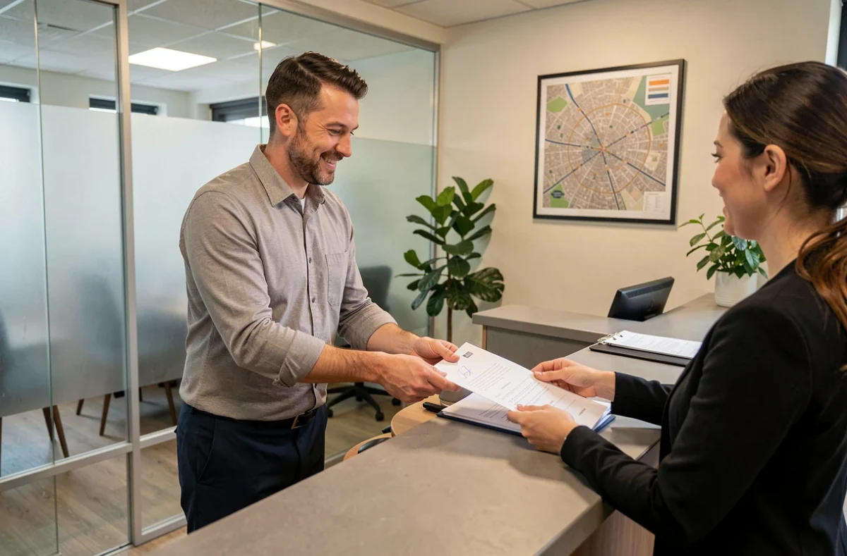 Entrepreneur déposant des documents de domiciliation dans un centre d'affaires à Saint-Étienne