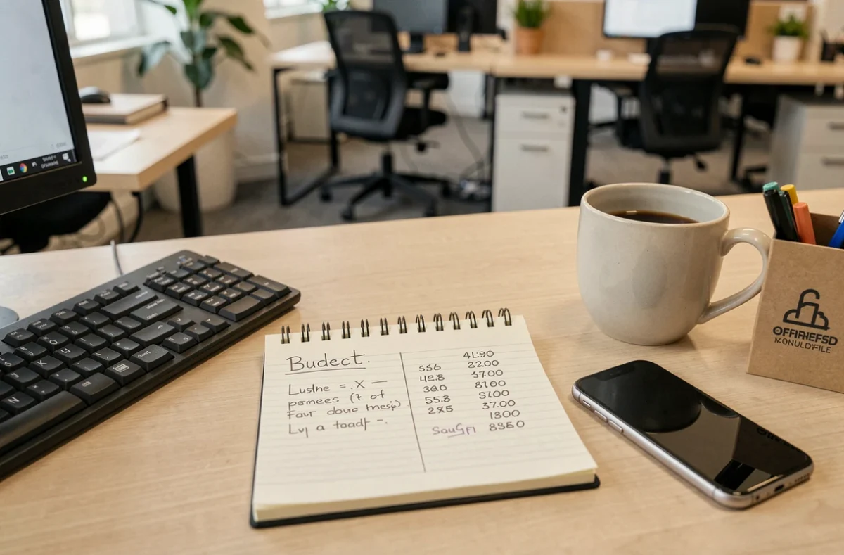 Détail d'un bureau équipé en location avec bloc-notes de budget et outils de travail