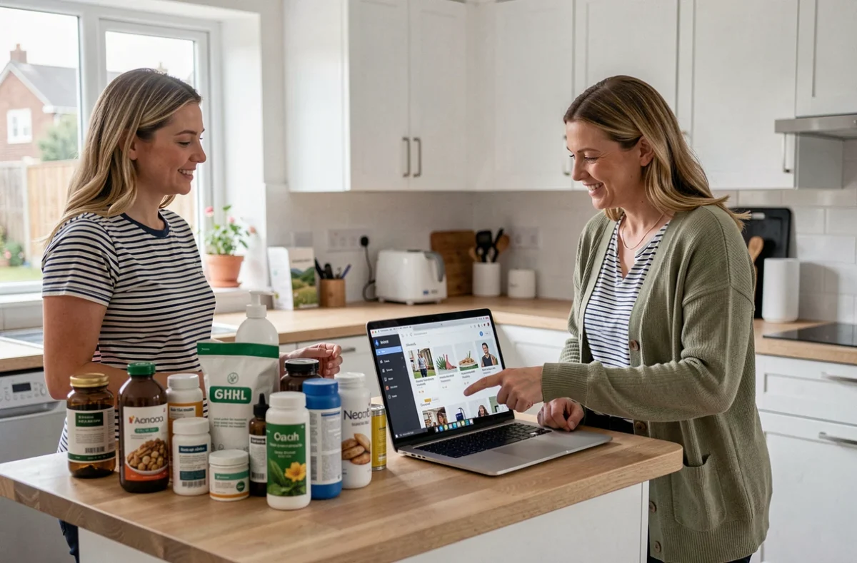 Deux femmes discutant de produits de vente à domicile autour d'un ordinateur portable dans une cuisine moderne