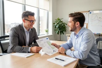 Dirigeant de TPE examinant un plan de communication avec un consultant