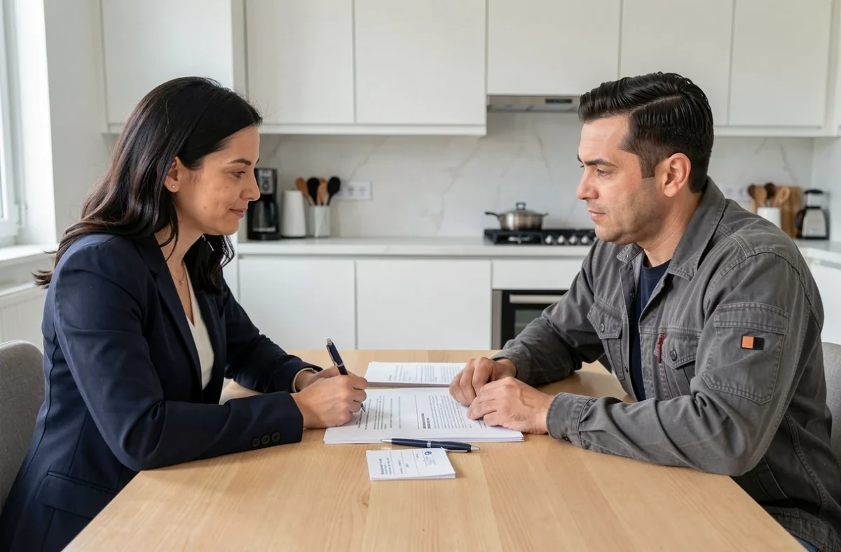 Femme et artisan discutant d'un devis signé et d'un acompte versé autour d'une table de cuisine