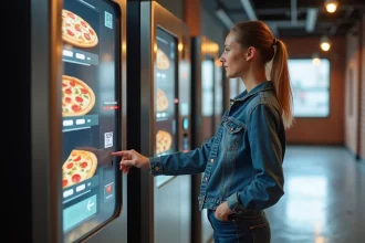 Femme utilisant un distributeur automatique de pizzas mypizzadoor Pro dans un couloir urbain moderne