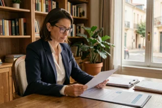 Femme d'affaires consultant des documents administratifs pour la domiciliation d'une entreprise à Albi