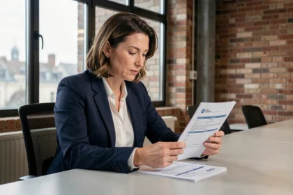Femme d'affaires consultant des documents de domiciliation d'entreprise à Saint-Étienne dans un espace de coworking moderne