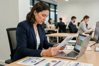 Femme professionnelle en blazer navy étudiant des droits de présentation dans un bureau moderne