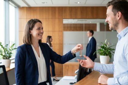 Jeune femme d'affaires souriante échange une clé personnalisée