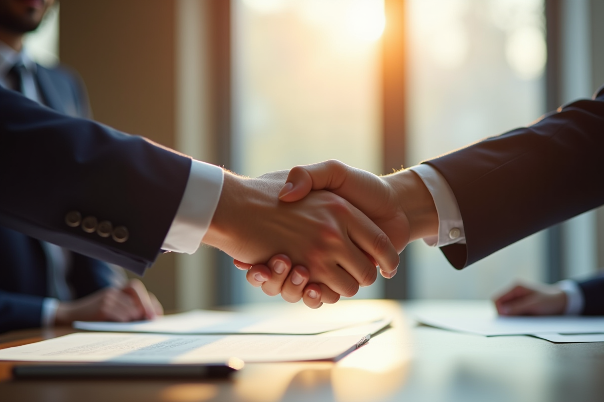 Echange de contrat entre mains dans une salle lumineuse