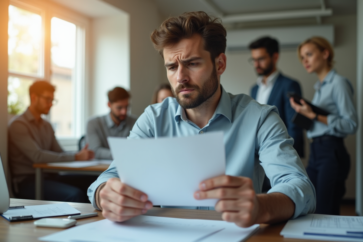 Employé au bureau tenant une lettre avec expression inquiète