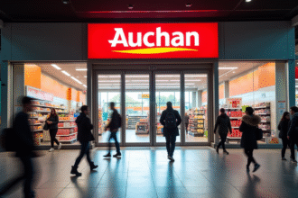 Entrée moderne d'un supermarché avec logo Auchan visible