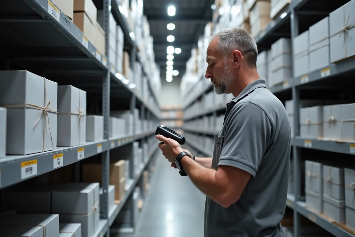 Entrepôt de stockage avec étagères de boîtes cadeaux en carton à plat prêtes pour la livraison en gros