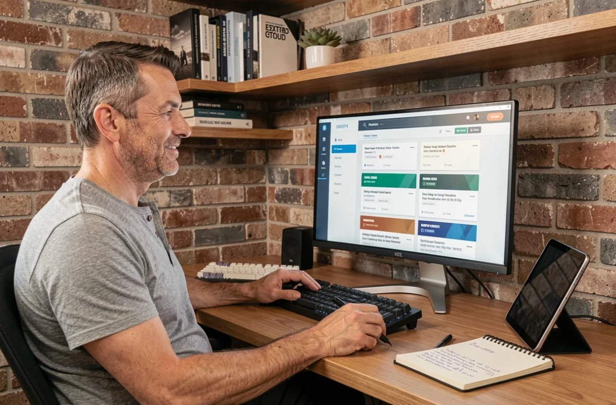 Homme entrepreneur travaillant depuis son bureau à domicile avec un tableau de bord d'outils IA pour créer des publicités et contenus marketing sans équipe
