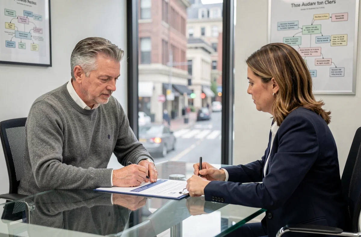 Salarié discutant avec un conseiller RH des cotisations patronales et de la conformité Urssaf lors d'un entretien professionnel