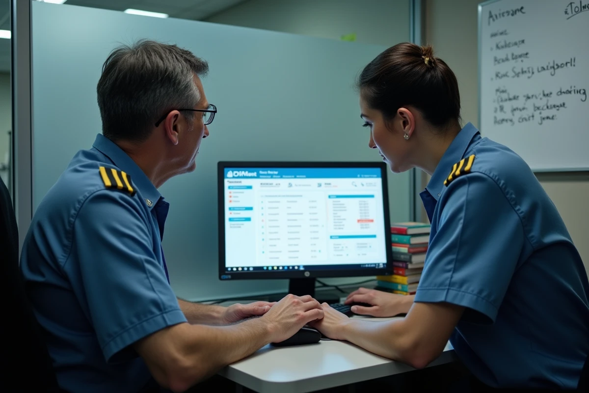 Deux professionnels de l'aviation consultant ensemble un tableau de bord GPNet AF dans une salle de briefing d'escale internationale