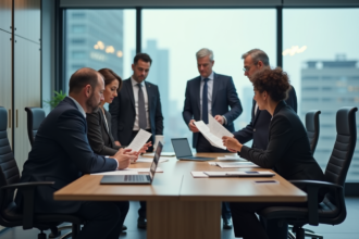 Groupe de collaborateurs en réunion dans un bureau moderne