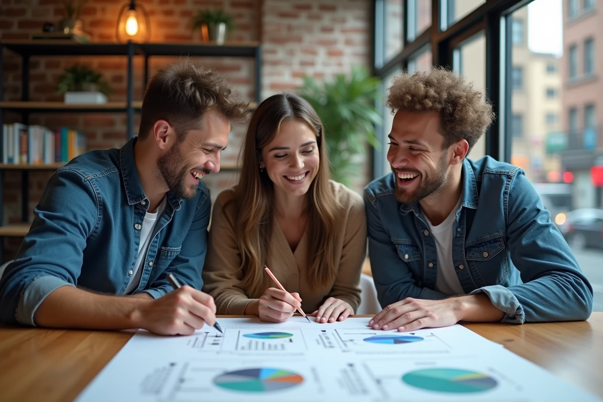 Groupe de trois créatifs discutant de designs web