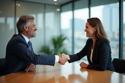 Homme et femme d'affaires se serrant la main dans une salle moderne