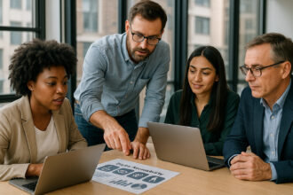 Groupe de professionnels divers dans un bureau moderne collaborant