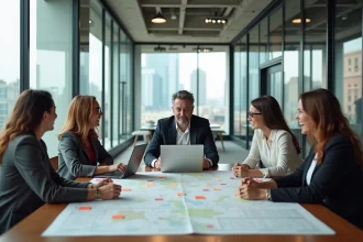 Équipe professionnelle diverse réunie autour d'une table de réunion pour élaborer un plan d'amélioration de site ambitieux