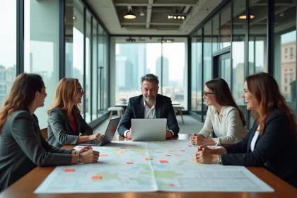 Équipe professionnelle diverse réunie autour d'une table de réunion pour élaborer un plan d'amélioration de site ambitieux