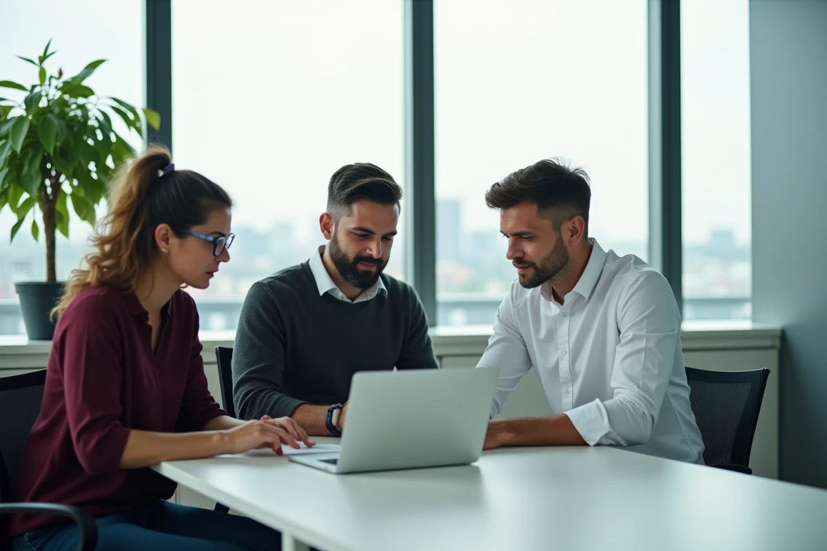Équipe de professionnels consultant une politique de sécurité des données sur l'intranet en salle de réunion