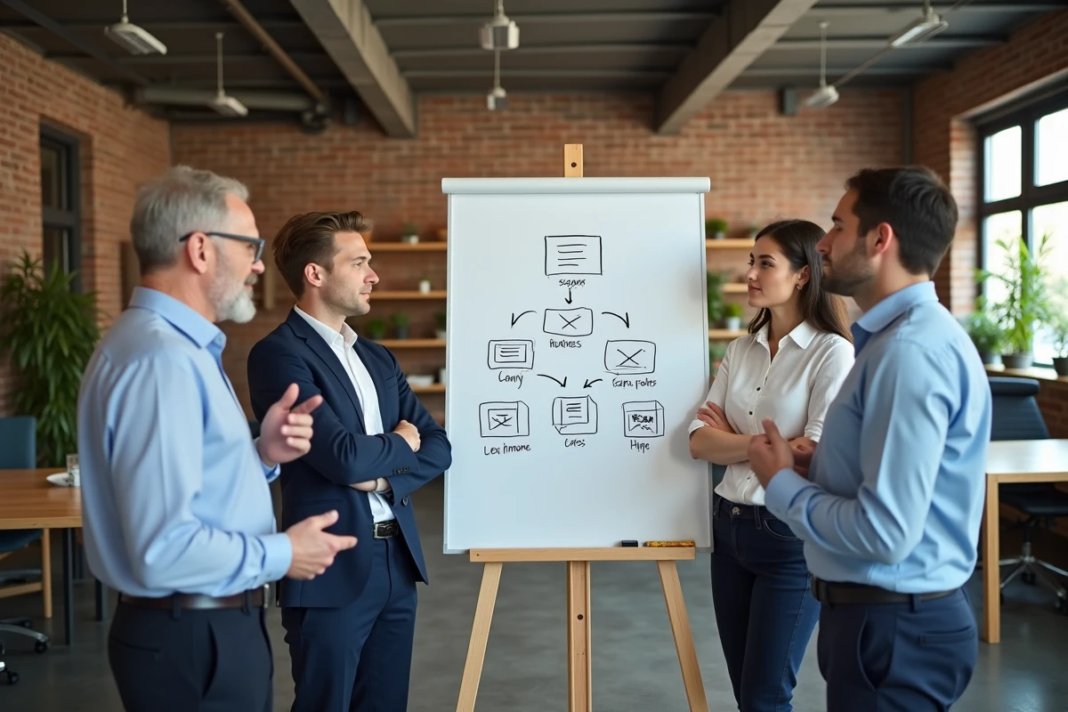 Équipe professionnelle diversifiée discutant d'un schéma hiérarchique sur un tableau blanc dans un espace de travail moderne, illustrant la réflexion collective sur les promotions et le Théorème de Peter